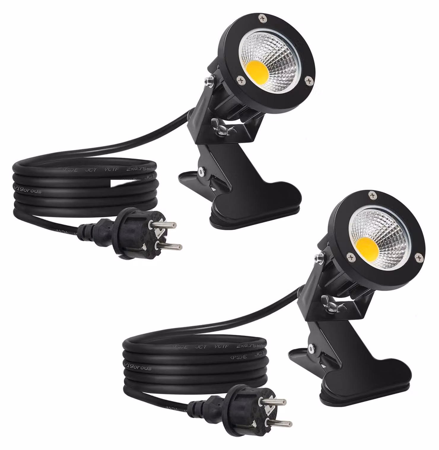 Set di 2 faretti LED, luce bianco caldo (2700 K), 7 W, grado di protezione IP65 (impermeabili), con clip e cavo da 2 metri