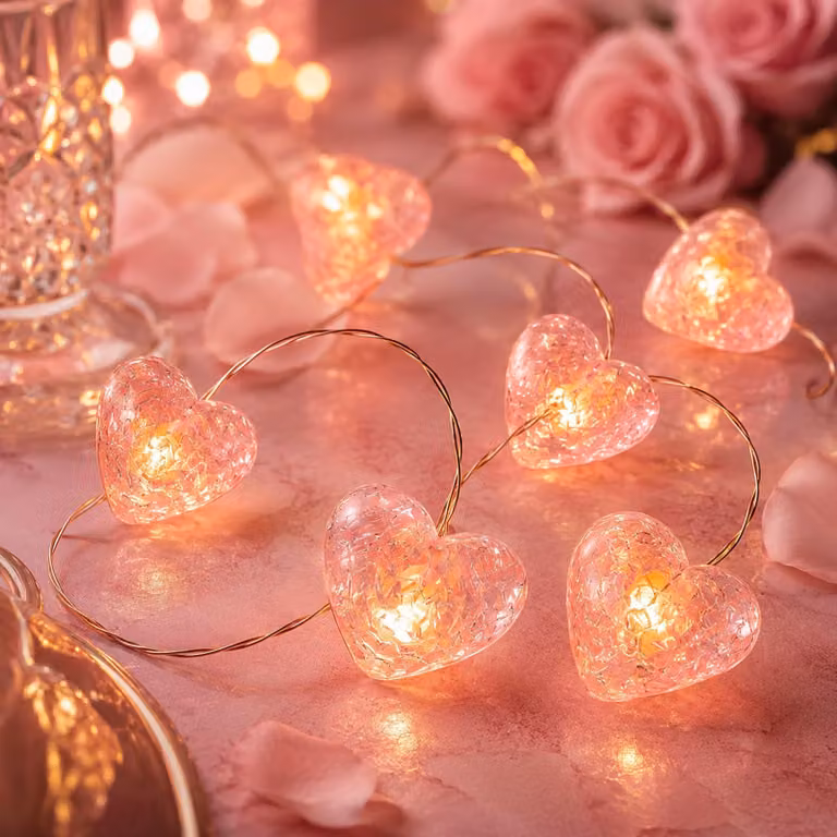 Catena luminosa con 30 cristalli a forma di cuore, lunghezza 3 metri, luce bianco caldo, colore rosa