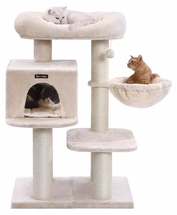 Albero per gatti a 2 piani, regolabile, color beige, dimensioni 70 x 60 x 112 cm