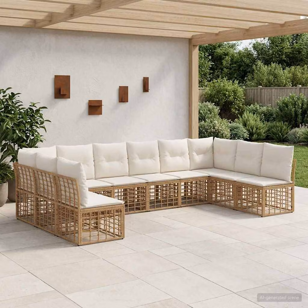 Set di divani da esterno a L vidaXL in polyrattan beige e marrone con cuscini in poliestere resistente ai raggi UV