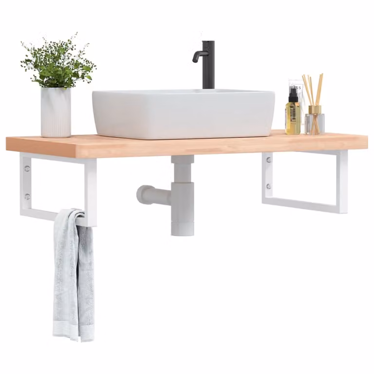 vidaXL Ripiano a Parete per Lavabo in Legno di Faggio e Metallo, Bianco e Marrone