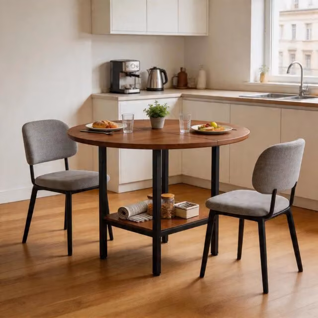 Tavolo da pranzo rotondo MIVRAY con ripiano portaoggetti in MDF e metallo, colore marrone e nero, Diametro: 100 cm, Altezza: 77 cm