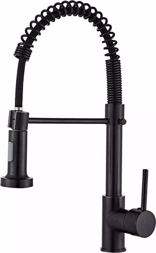Miscelatore da cucina nero con doccetta estraibile | Miscelatore monocomando | Tubo flessibile | Con attacchi acqua calda e fredda da 60 cm