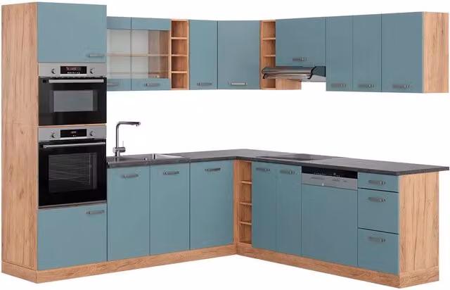 Cucina angolare moderna Vicco R-Line in legno e metallo, Grigio-blu e Rovere dorato con ante in vetro e illuminazione integrata, L: 247 cm, P: 237 cm – 1