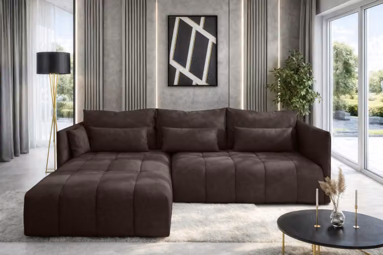 AX LIVING Divano ad angolo marrone con funzione letto e contenitore Cosmova 248