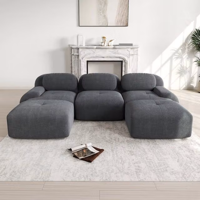 Divano angolare modulare MIVRAY in velluto a coste grigio con base antiscivolo e schiuma 32D