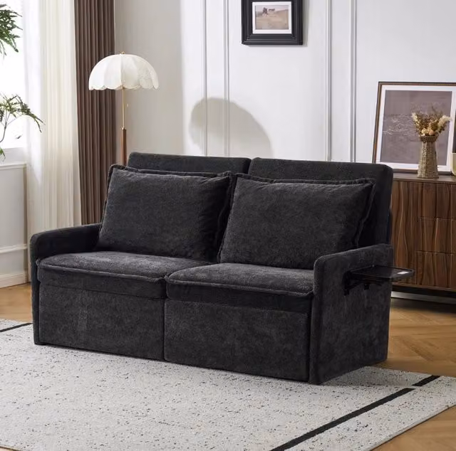 Divano letto 172,5x71x95 cm nero, schienale regolabile, USB e vano portaoggetti