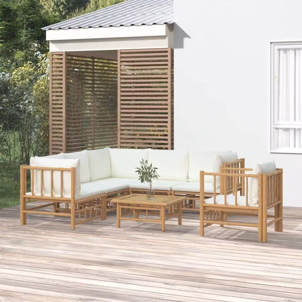 The Living Store Set da giardino da 7 pezzi con cuscini in bambù bianco crema