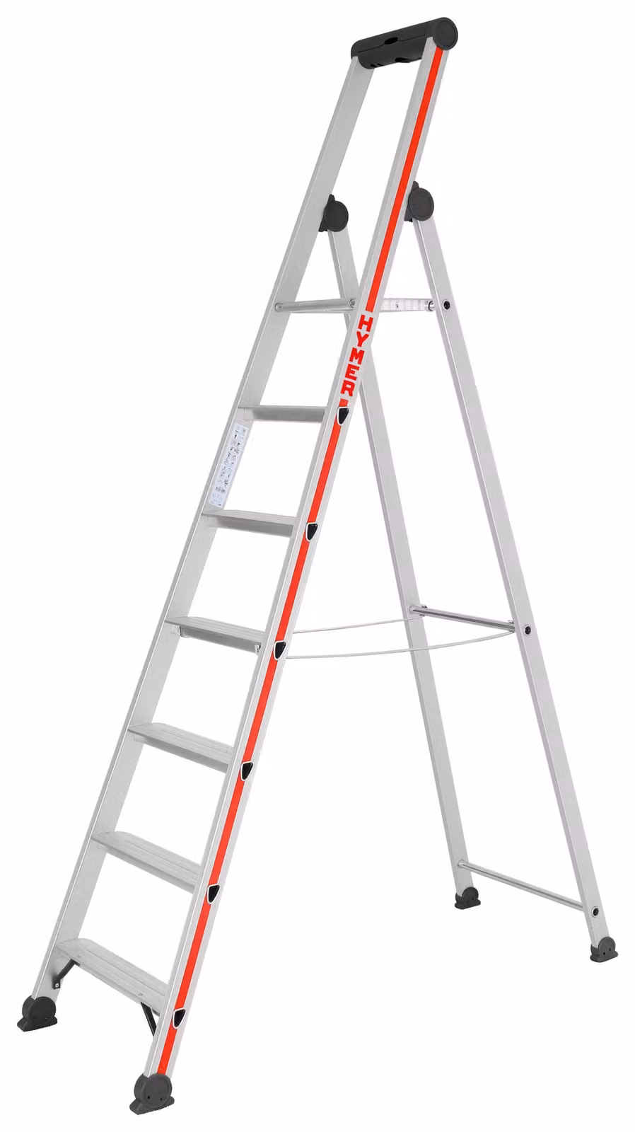 Scaletta Hymer con piattaforma, accesso da un solo lato, 7 gradini, altezza di abbassamento 2,18 m, altezza di sbraccio 3,58 m, peso 7,4 kg