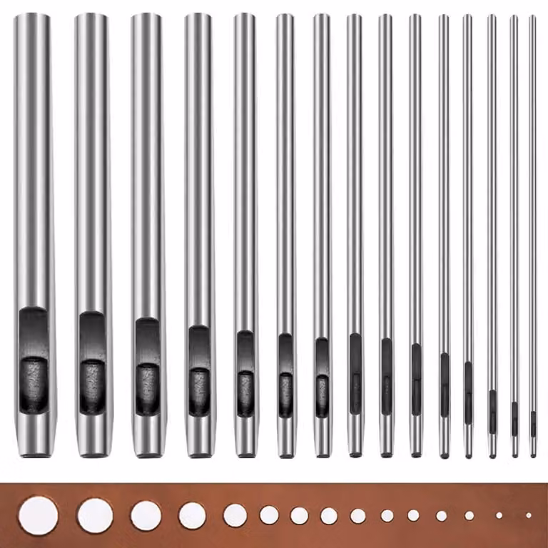 Set di punzoni cavi in acciaio Locheisen, 15 pezzi, da 0,5 a 6 mm, per pelle e tessuti