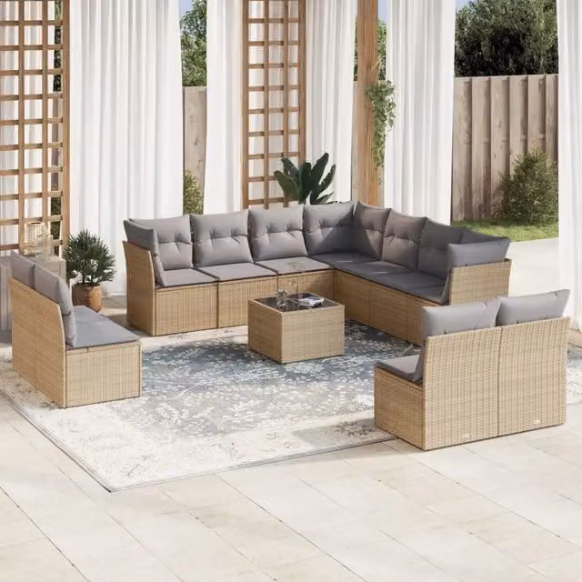 Set di divani da giardino VIDAXL in polyrattan con cuscini beige, 12 posti – 1