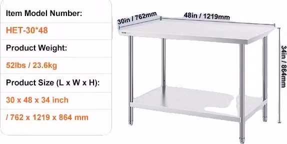 Tavolo da lavoro, acciaio inox, ripiani regolabili, 30x48 pollici