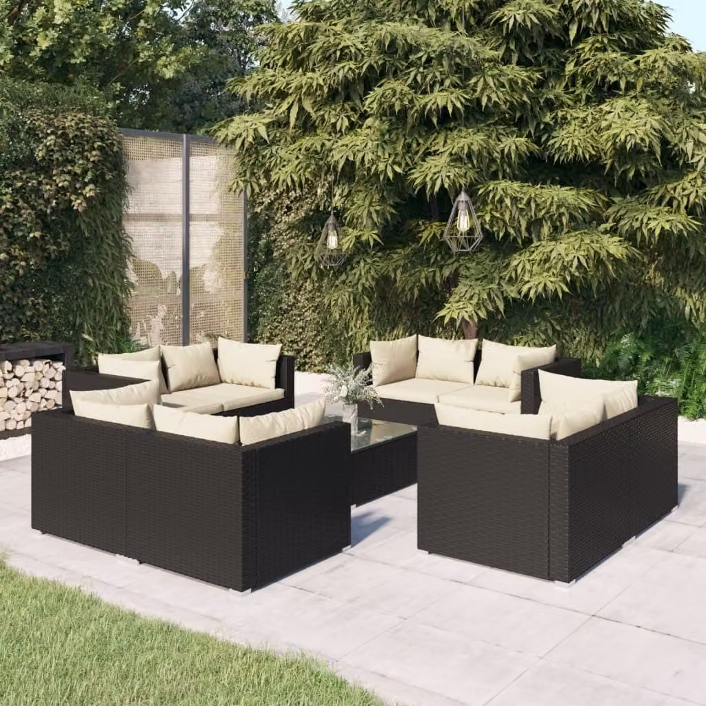 The Living Store Set da giardino 9 pezzi con cuscini in poly rattan nero