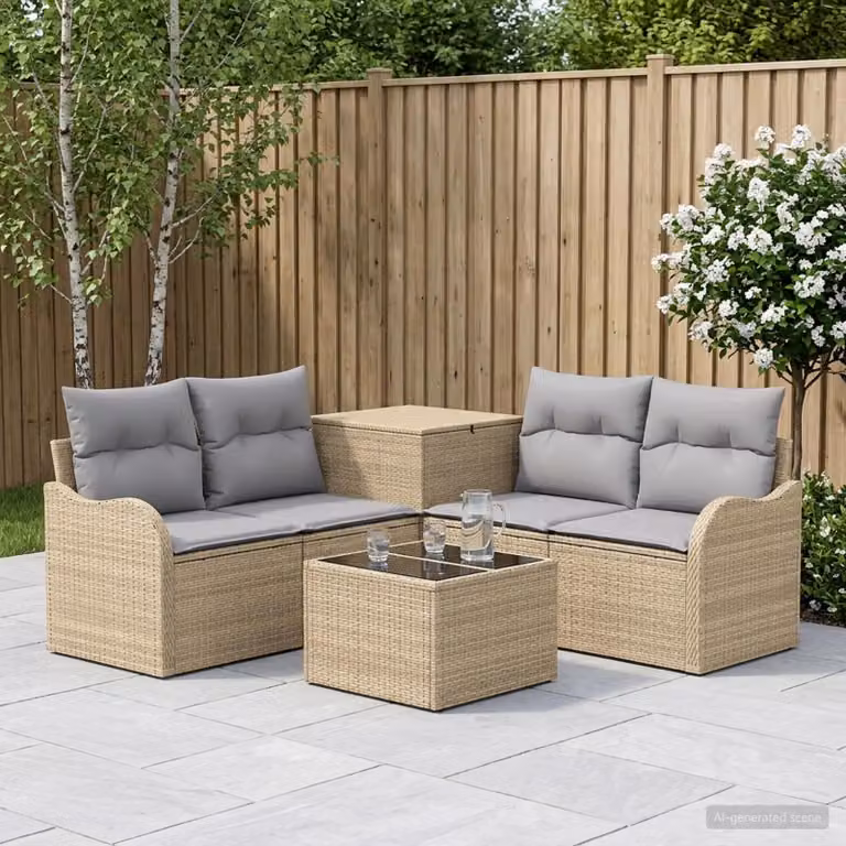 vidaXL Set di divani da giardino a L composto da 6 pezzi in beige e grigio con cuscini e tavolino da esterno