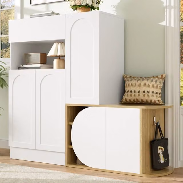 Mobile portascarpe WISHDOR con panca e vano a giorno, 1 cassetto e 5 ante in MDF, bianco e effetto legno, L: 130 cm, P: 35 cm, H: 110,5 cm