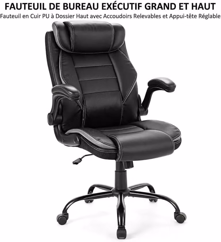 Sedia da ufficio ergonomica - Poltrona da ufficio in poliuretano e Pelle finta - Schienale alto, portata fino a 180 kg - Poggiatesta e supporto lombare regolabili - Sedile extra largo, con doppia imbottitura - Colore: nero