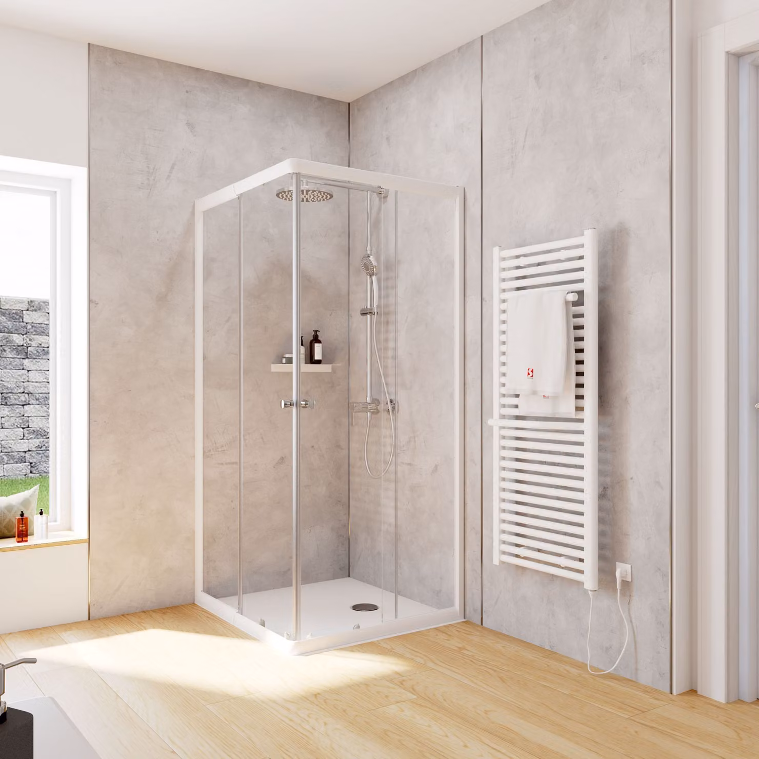 Cabina doccia Schulte Corner con ingresso angolare e porte scorrevoli, installazione su piatto doccia o piastrelle, vetro di sicurezza temperato da 4 mm, altezza: 180 cm, 90 x 80 cm, colore del profilo: bianco alpino, tipo di vetro: trasparente chiaro