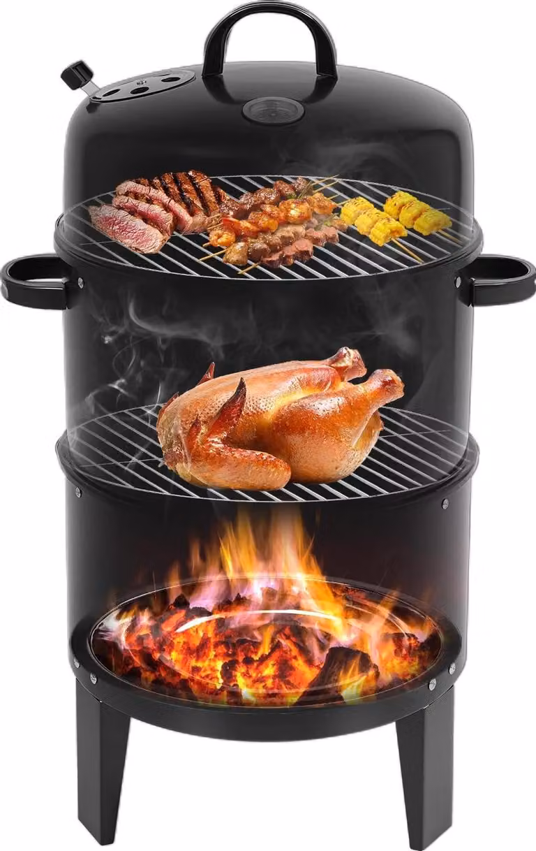 Griglia affumicatrice 3-in-1 - Griglia verticale a carbone - Diametro 40 cm - 2 livelli - Ideale per affumicare, brasare e grigliare - Realizzata in ferro, colore nero