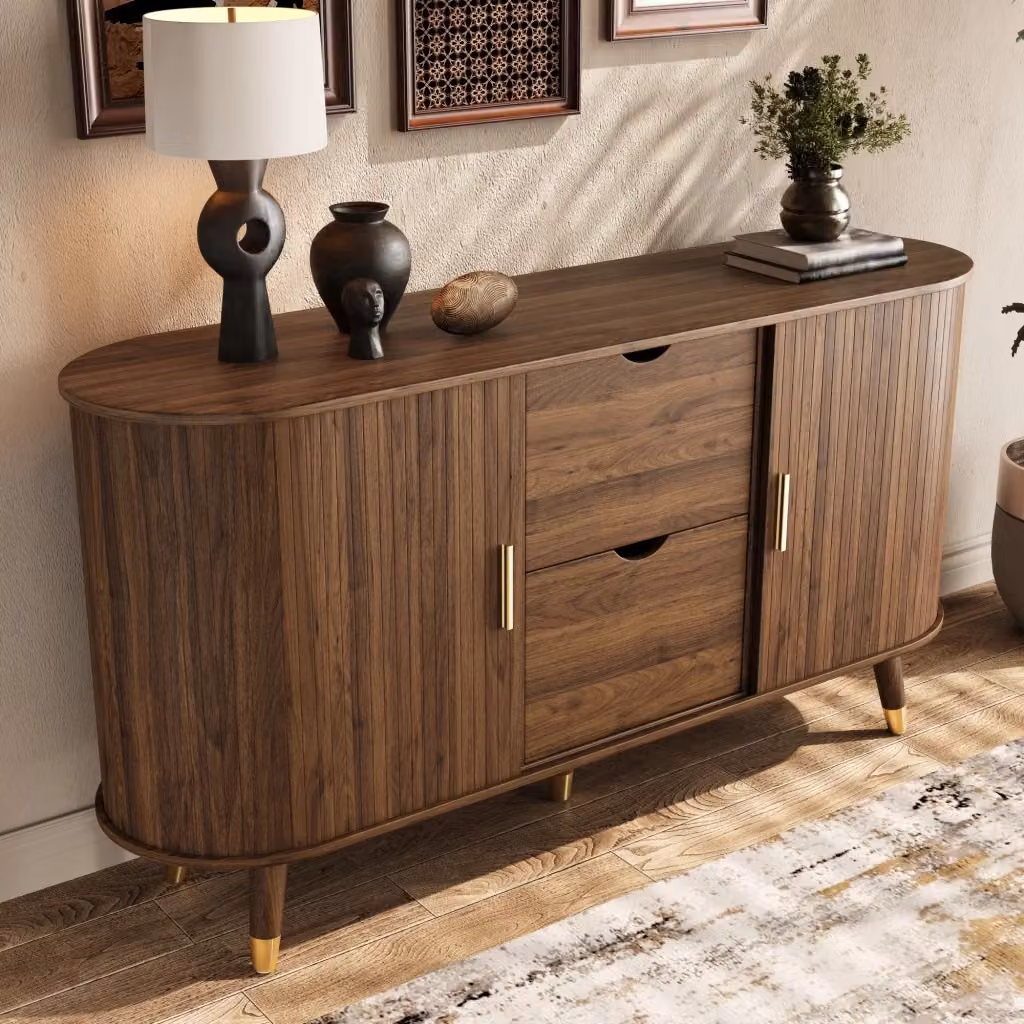 Credenza in MDF con due cassetti e ripiani regolabili color noce per soggiorno e sala da pranzo L: 140 cm, P: 40 cm, H: 79.5 cm – 2