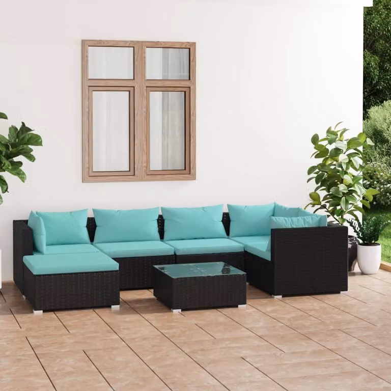 The Living Store Set da giardino 7 pezzi con cuscini in poly rattan nero