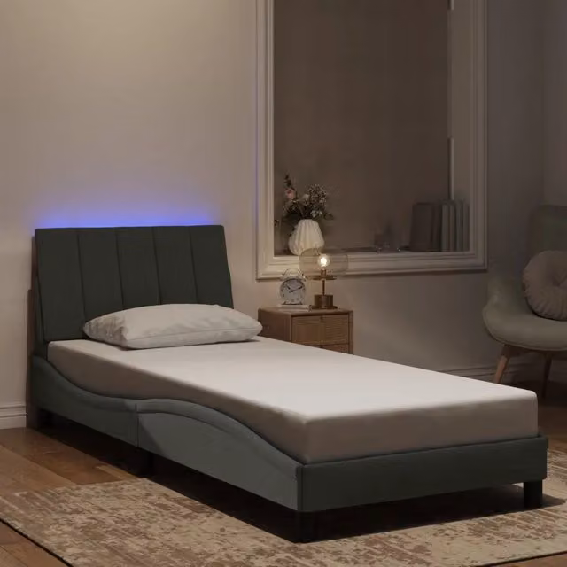 Letto Hanko vidaXL in velluto grigio chiaro con illuminazione LED e porta USB, L/P/H: 90 x 190 x 95 cm