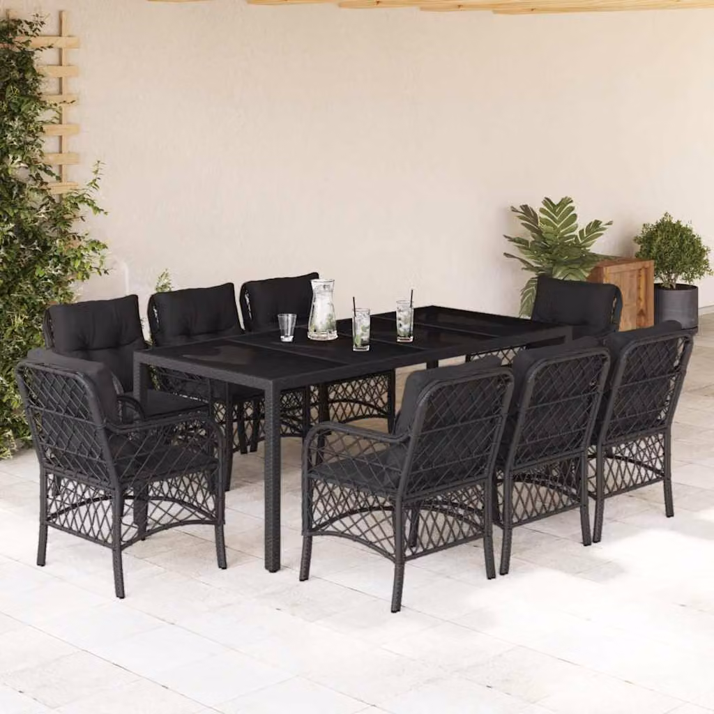 Set da Pranzo da Giardino vidaXL 9 pz in Polyrattan Nero con Cuscini e Tavolo in Vetro – 1