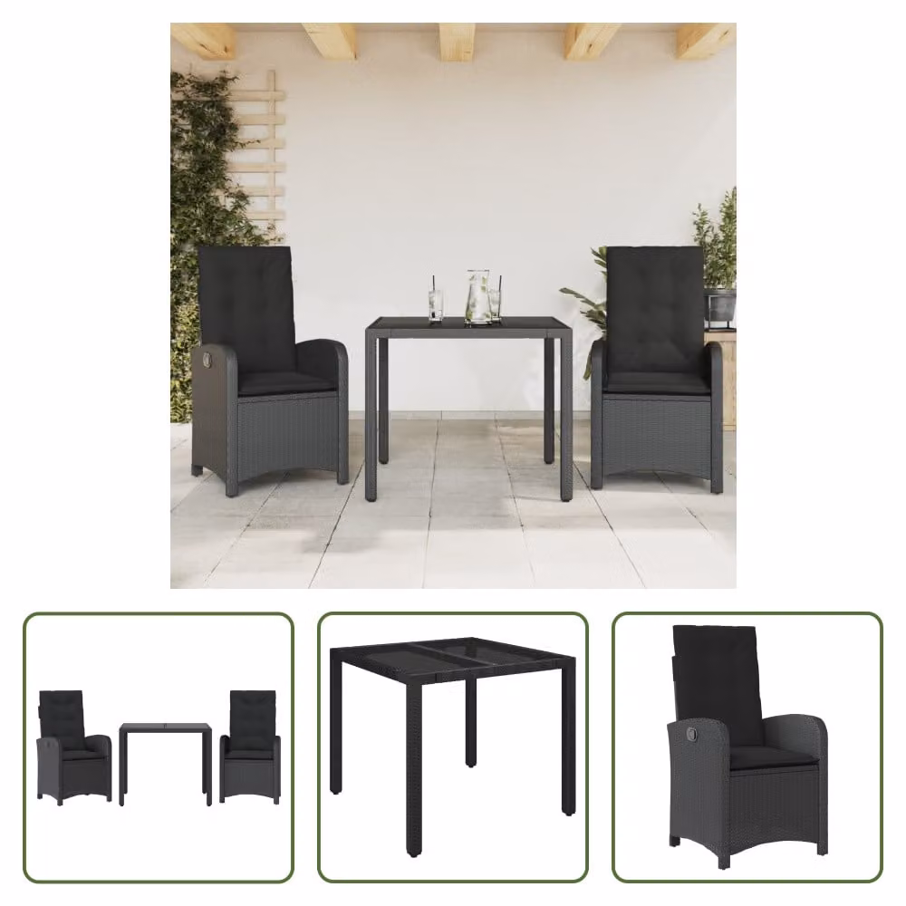 The Living Store Set da pranzo da giardino in 3 pezzi con cuscini in poly rattan nero