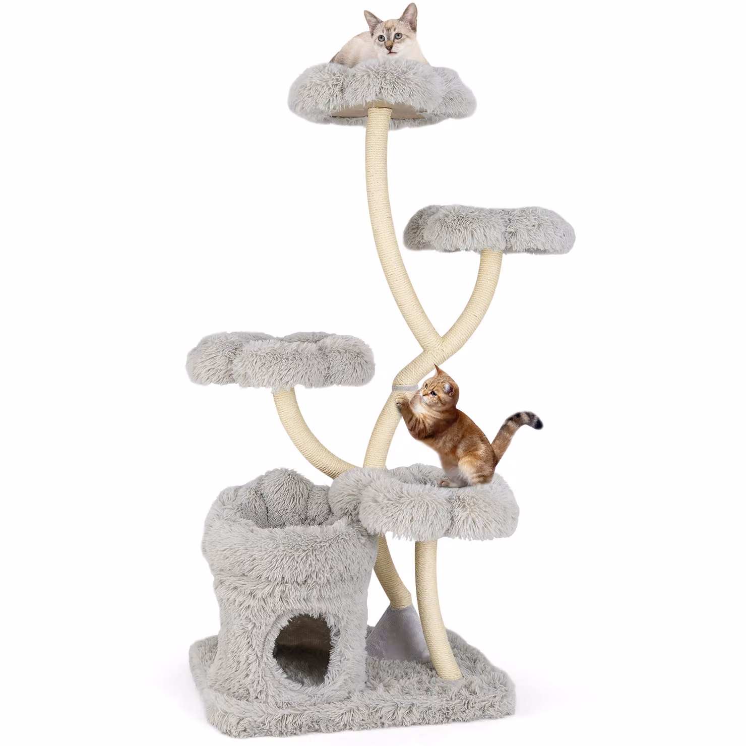 Tiragraffi COSTWAY 165 cm, albero per gatti con 4 aree calde e grotta per gatti e pali in sisal, torre per gatti ad albero arrampicabile per gatti grigio