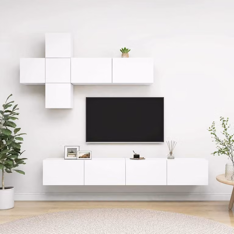 Set di mobili porta TV vidaXL composto da 7 pezzi in legno e MDF, colore bianco opaco, ideale per il tuo soggiorno