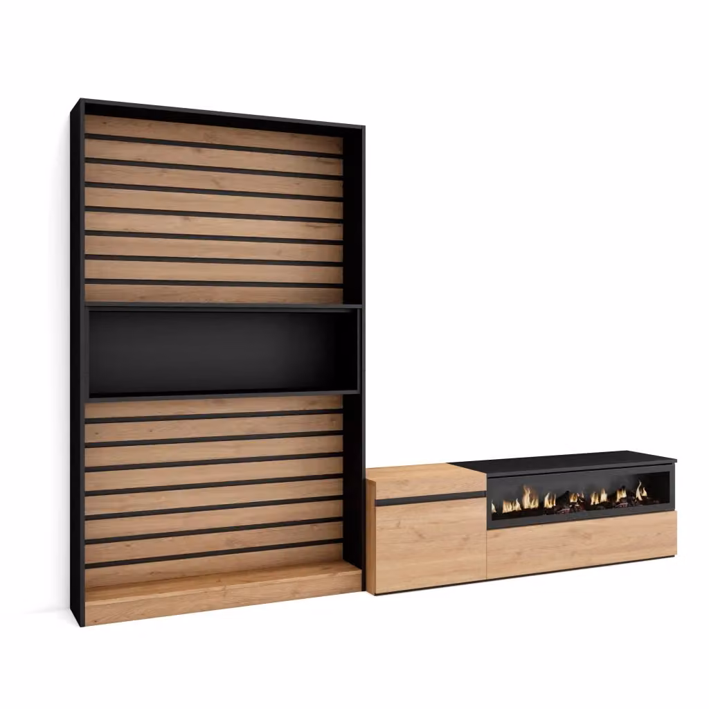 Mobile TV da soggiorno SKRAUT HOME con camino elettrico per TV fino a 65 pollici, colore Rovere e nero, L: 260 cm, P: 35 cm, H: 186 cm – 2