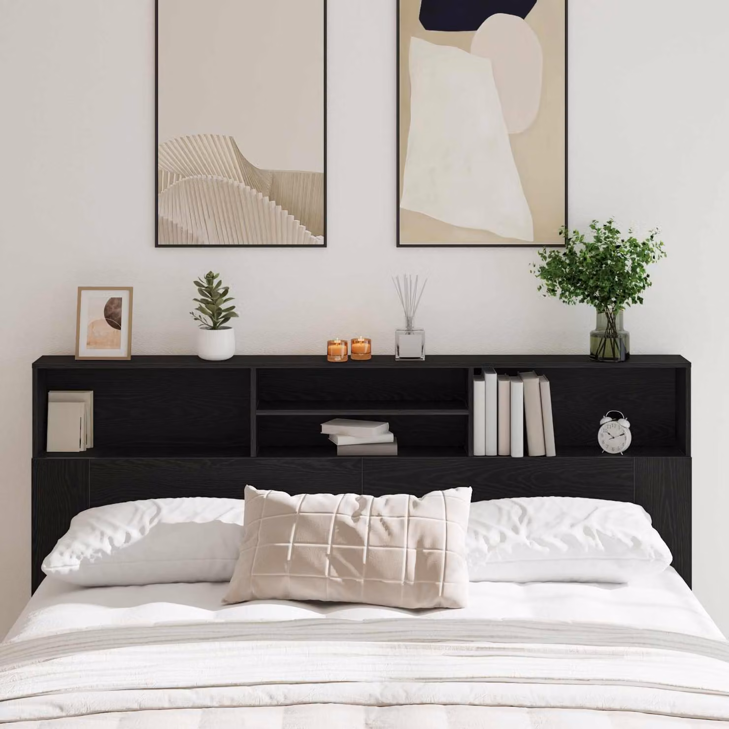 Testata del letto moderna vidaXL in legno ingegnerizzato nero e rovere con ripiani integrati L: 200 cm, H: 103,5 cm, P: 19 cm