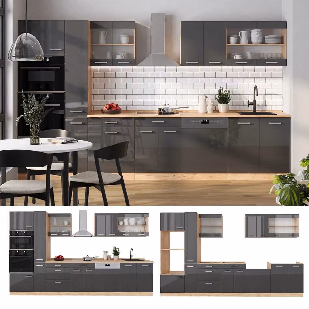 Cucina componibile moderna Vicco R-Line colore Antracite lucido e Rovere dorato, larghezza: 350 cm, con armadio alto e ante in vetro, senza piano di lavoro – 2