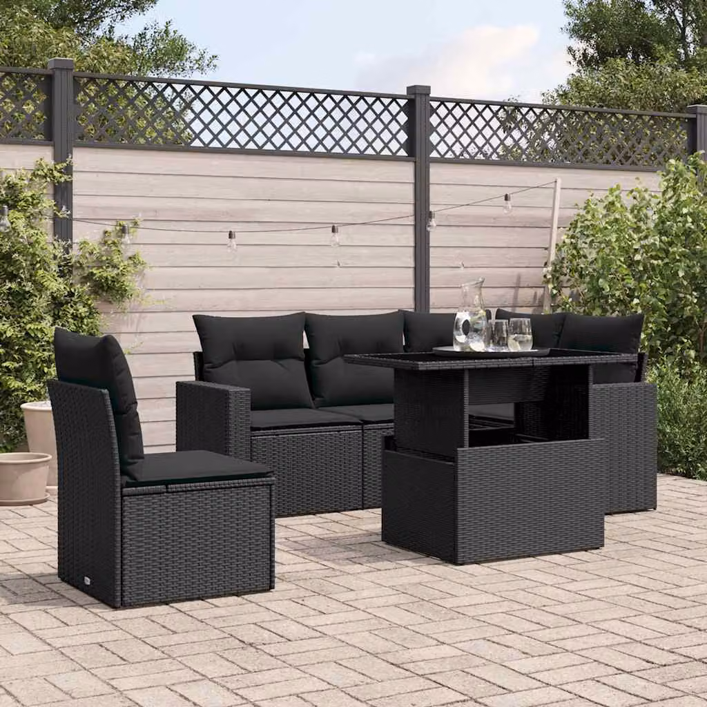 Set Divano da Giardino vidaXL 6 pz a Forma a L in Polyrattan Nero con Cuscini e Tavolino – 1
