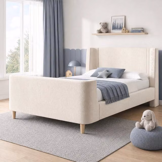 Letto singolo imbottito 90 × 200 cm in velluto beige con testiera imbottita e rete a doghe in legno