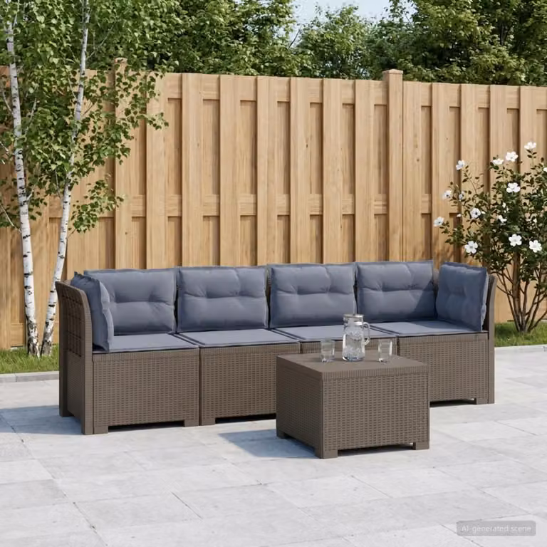 Set da giardino moderno vidaXL composto da divano da 4 posti e tavolino da caffè in stile rattan con cuscini grigi resistenti ai raggi UV