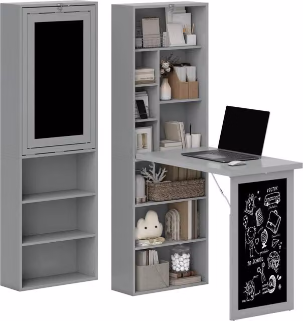 Scrivania Minimal con scaffale e lavagna in legno grigio L: 153 cm, P: 50 cm, H: 98 cm