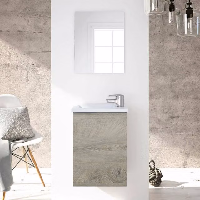 Mobile sottolavabo sospeso DMORA Akamaru in legno Rovere, armadio per bagno con ante soft-close e ripiani interni, L: 40 cm, P: 22 cm, H: 58 cm