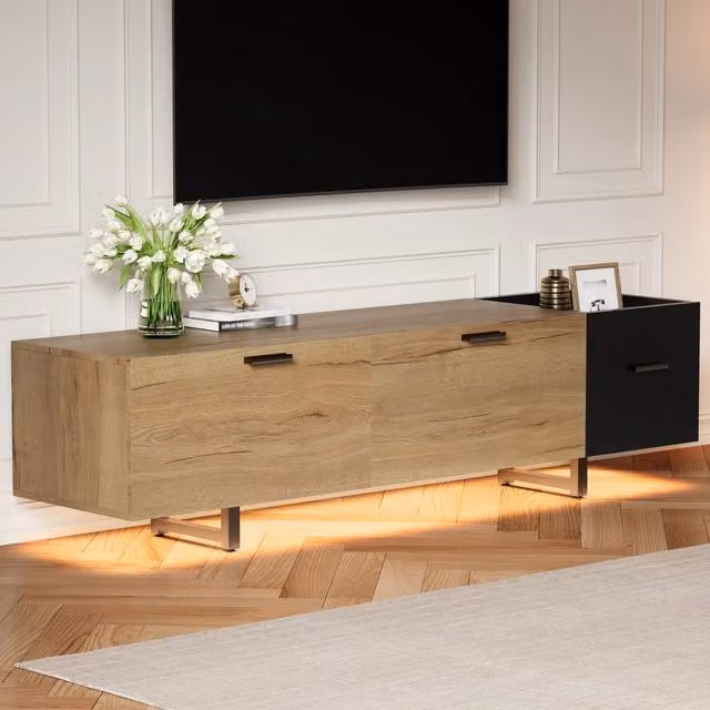 Mobile TV moderno FOLYNA in legno e metallo con illuminazione LED e vani contenitori, nero e marrone, L: 180 cm, P: 38 cm, H: 49 cm