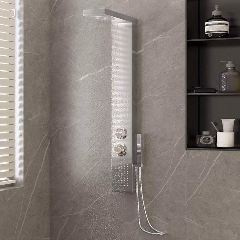 Pannello Doccia vidaXL in Acciaio Inossidabile con Doccino a Mano e Funzioni Rain e Massage, Colore Argento Spazzolato, L: 47,0 cm, P: 15,0 cm, H: 114,0 cm