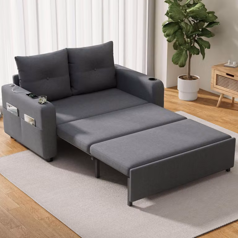 Divano letto Merax 3 in 1 con cassettone, funzione letto, divano letto matrimoniale con cuscini, USB e portabicchieri, divano letto per piccoli appartamenti, grigio