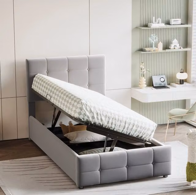 Letto imbottito bambini 90x200 cm; contenitore idraulico; testiera regolabile; velluto grigio (Senza materasso)