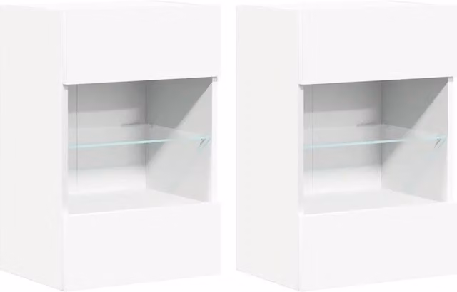Set di 2 mobili da parete moderni con luci LED integrate per TV, in legno e vetro, colore bianco, L 40 cm x P 30 cm x H 60,5 cm