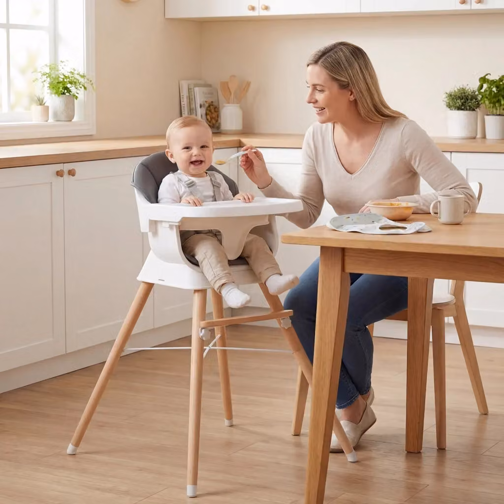Seggiolone pappa evolutivo per neonati con vassoio regolabile e cuscino rimovibile, sedia da tavolo con cintura di sicurezza a 5 punti, bianco e grigio – 2
