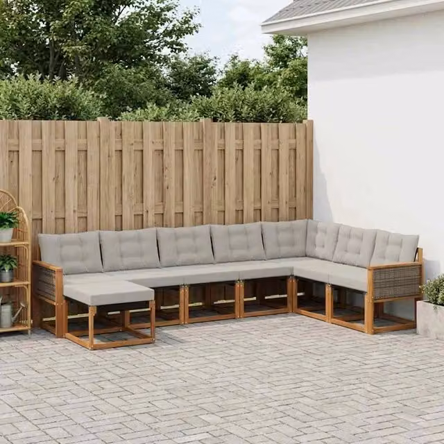 Set di divani da esterno a L vidaXL in legno di acacia con 8 pezzi, beige e grigio, comprensivo di cuscini e pouf – 1