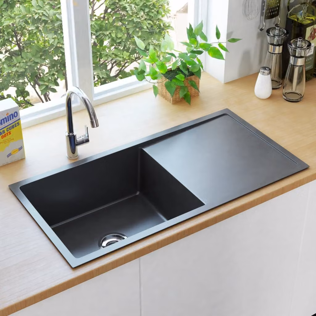 The Living Store Lavello da cucina a mano in acciaio inox nero