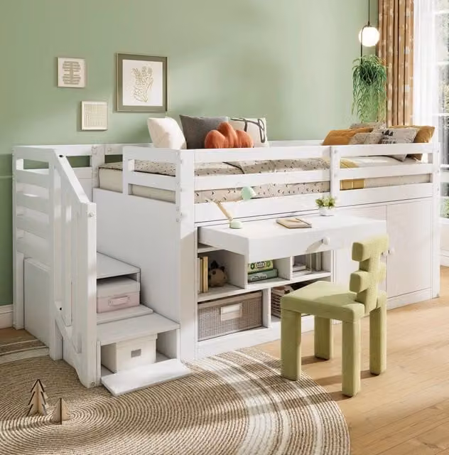Letto multifunzione per bambini con scala e cassetti, moderno, bianco, L/P/H: 90 x 200 x 106,1 cm