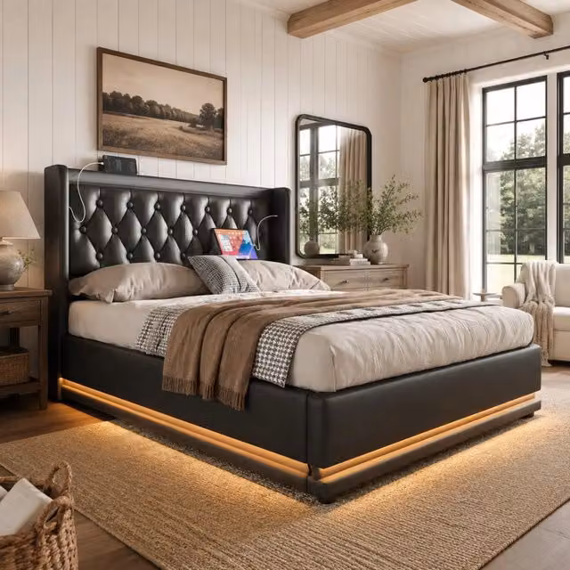 Letto matrimoniale contenitore 160x200 cm con LED; USB e Type-C; testiera imbottita in PU nero