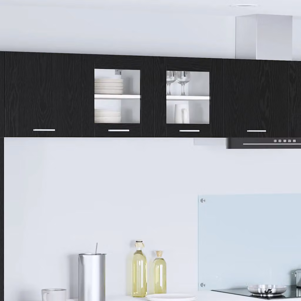 Set di 2 armadi pensili da cucina vidaXL in legno MDF nero con ante in vetro e ripiani interni
