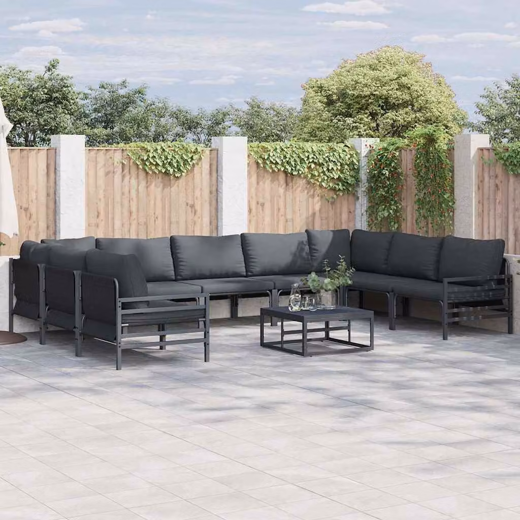 Set Divano da Giardino vidaXL 9 pz a Forma a L con Cuscini, Acciaio Verniciato Antracite e Nero