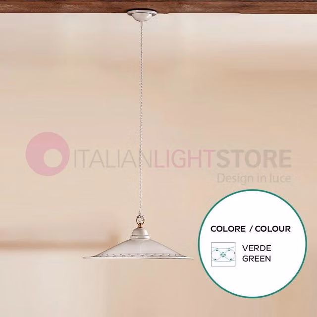 Lampada a sospensione Fiesole di Ceramiche Borso in ceramica verde con decori rustici, diametro: 43 cm